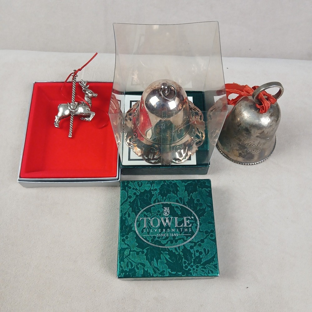 Towle Silver Plated Bell Musical Bell And Horse 3 Pieces Ornaments Christmas